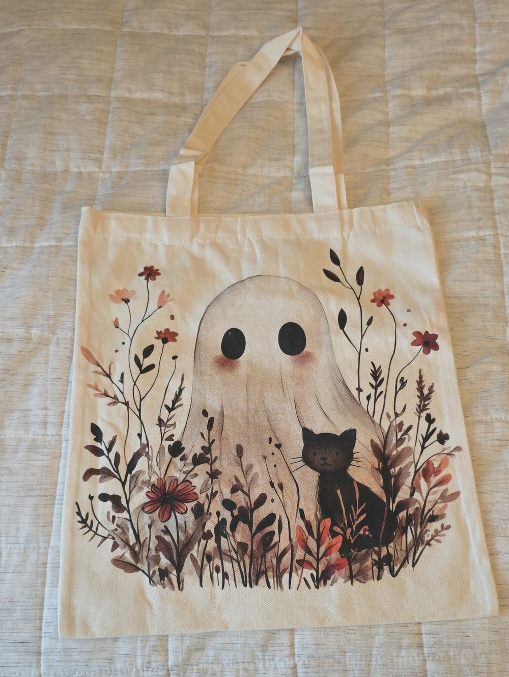 Halloween Tote - Neutral Ghost & Cat Canvas Tote Bag - Floral Print